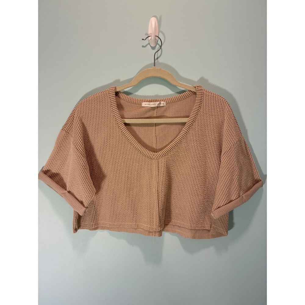 Altar'd State Womens Waffle Knit V-Neck Crop Top Mauve Pink Small
